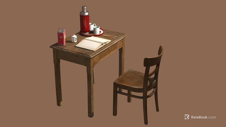 Wooden Writing Desk With Red Thermos Coffee Cups And Wooden Chair 3d model